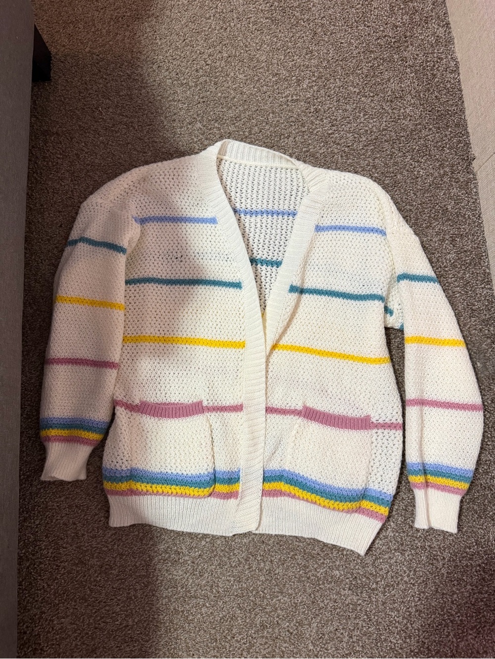 SHEIN White Knit Cardigan with Pastel Stripes